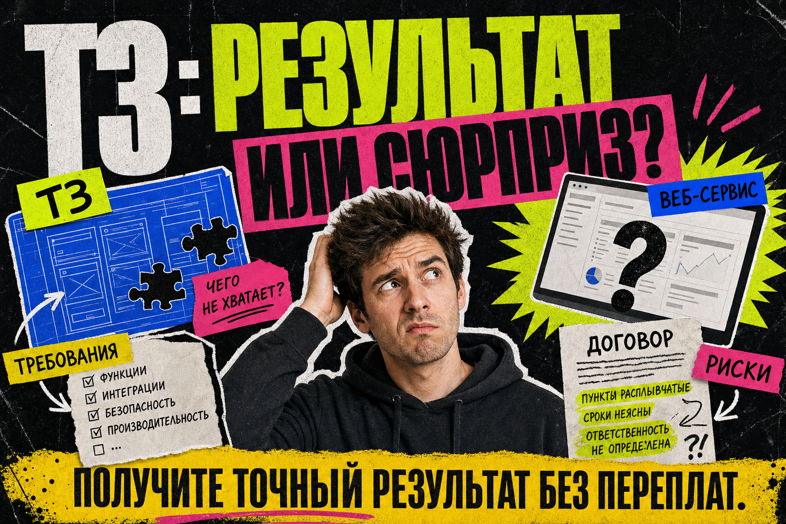 Обложка статьи о составлении ТЗ для веб-сервиса, с изображением человека, смотрящего на неполный чертеж, и надписью «ТЗ: результат или сюрприз?»
